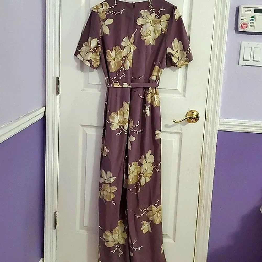 SHEIN Vcay Purple Floral Surplice Top Belted Wide Leg Jumpsuit L - Picture 9 of 16